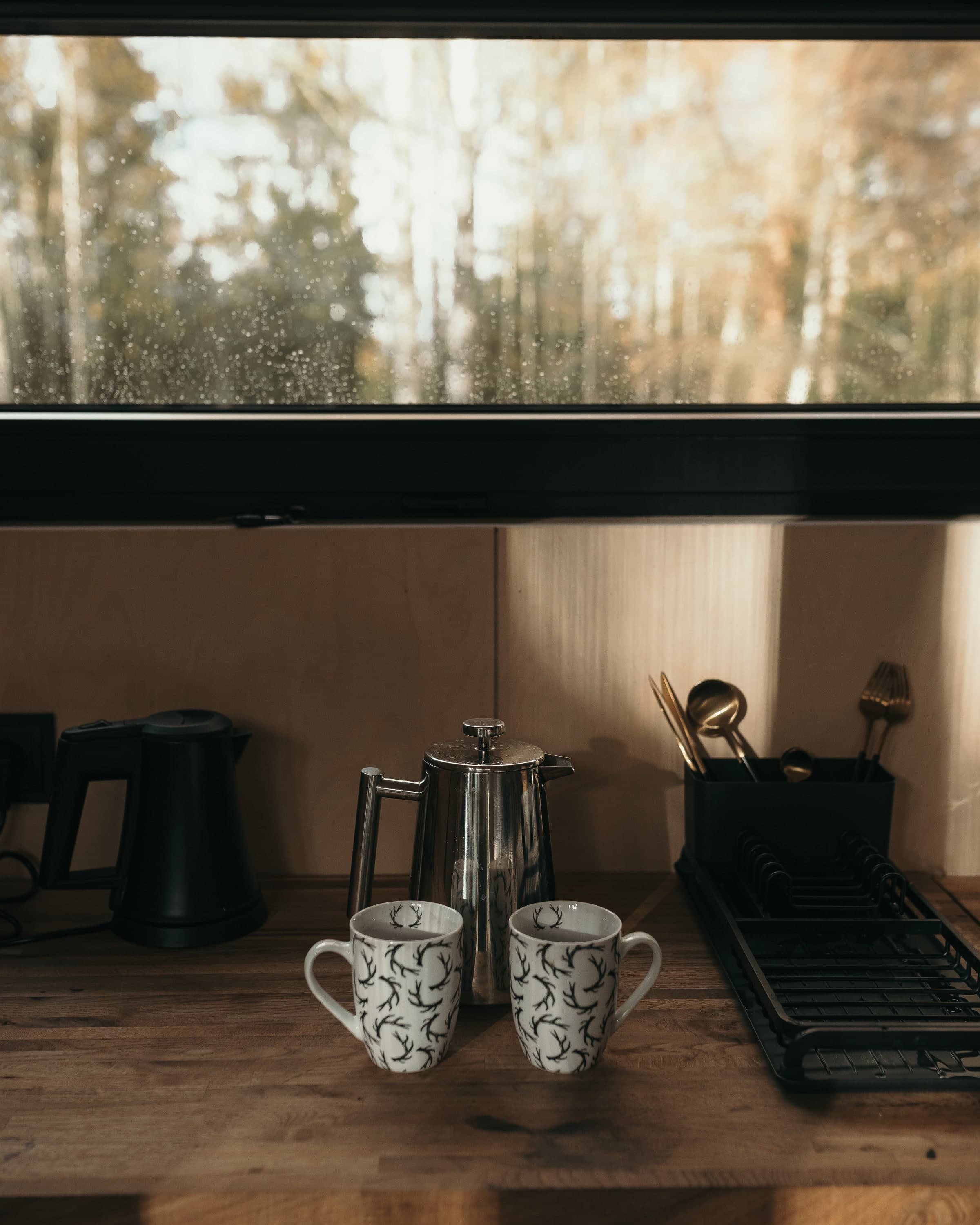 Kitchen counter — French press, kettle, mugs, rain on the long window above